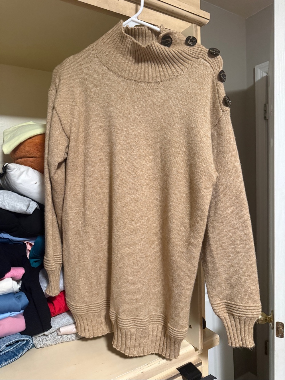 Button-Shoulder Camel Turtleneck Sweater